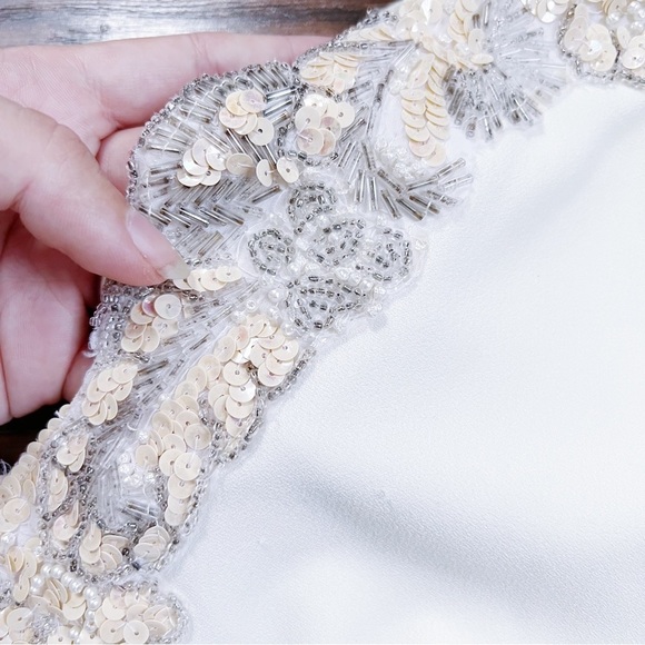 Dress The Population • bell sleeve mini dress cream crepe shift beaded sequin - Picture 6 of 10